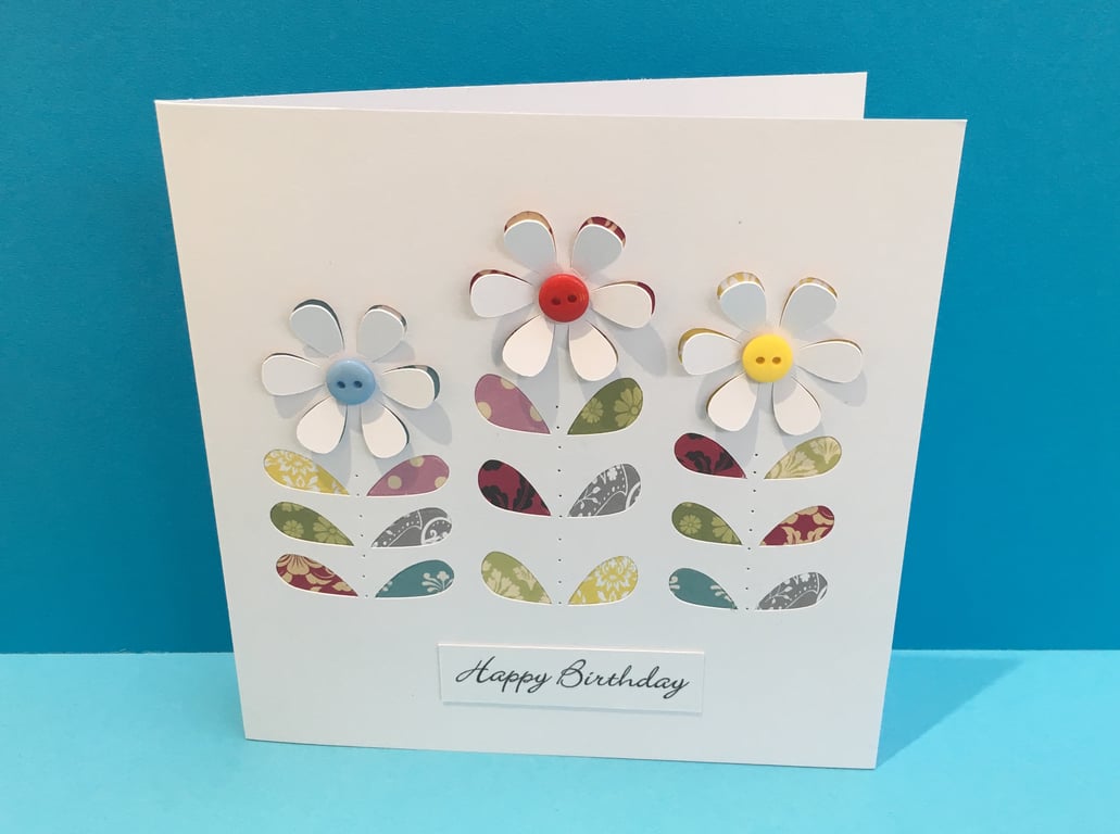 Birthday Card - Paper Cut Flower Card - Buttons