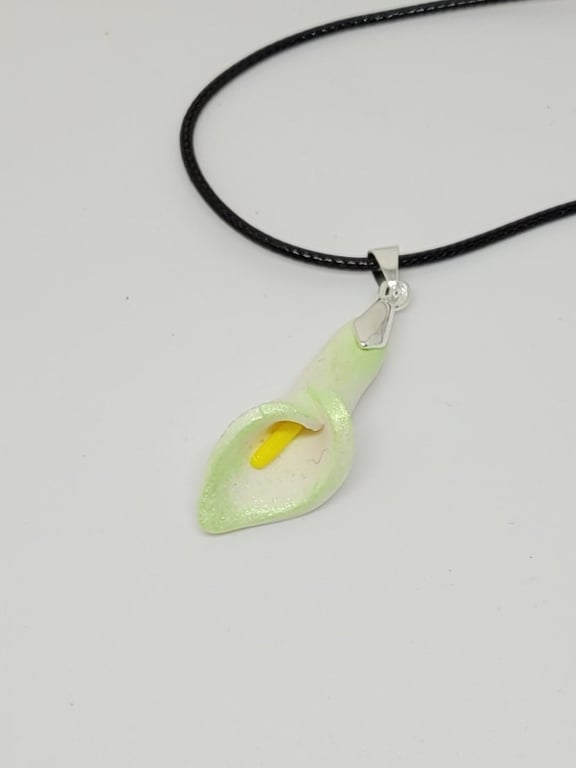 calla lily pendant unique artisan necklace crafted with polymer clay green