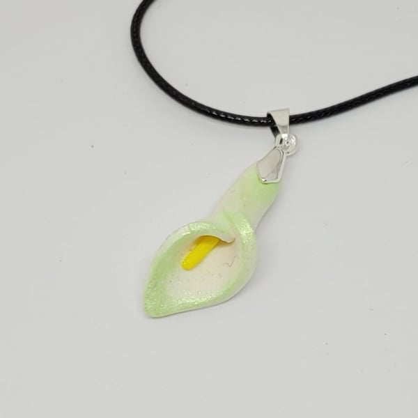 calla lily pendant unique artisan necklace crafted with polymer clay green