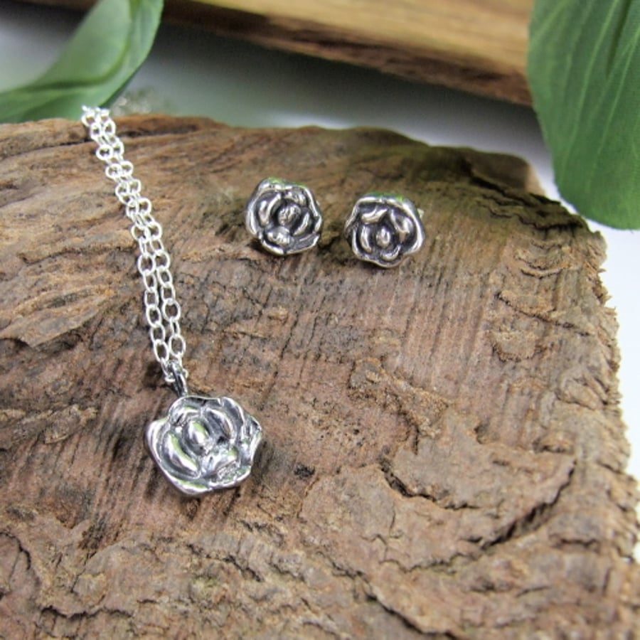 Recyled Silver Rose Pendant and Earring Set, Sterling and Recycled Silver