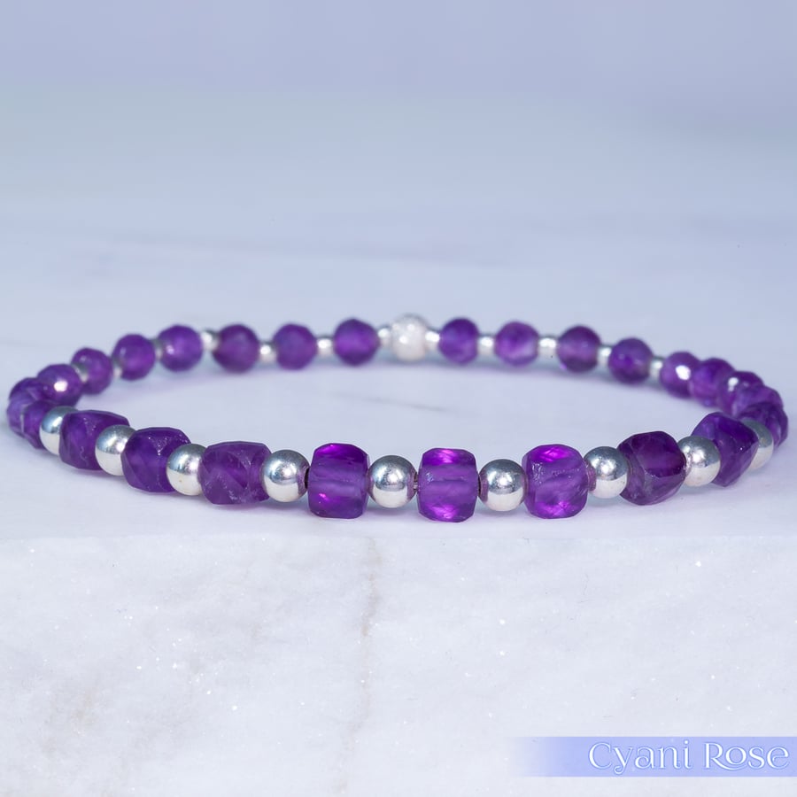 Bracelet Sterling Silver & Amethyst February birthstone purple handmade stretch