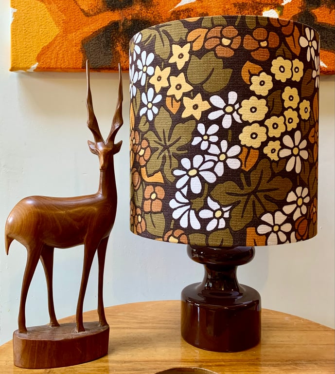 Retro Autumn Brown Orange Flower Leaf 60s 70s Vintage Fabric Lampshade 