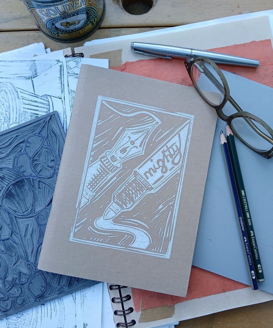 'Mightier than the Sword', Lino Printed Sketchbook, White Ink