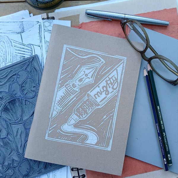 'Mightier than the Sword', Lino Printed Sketchbook, White Ink
