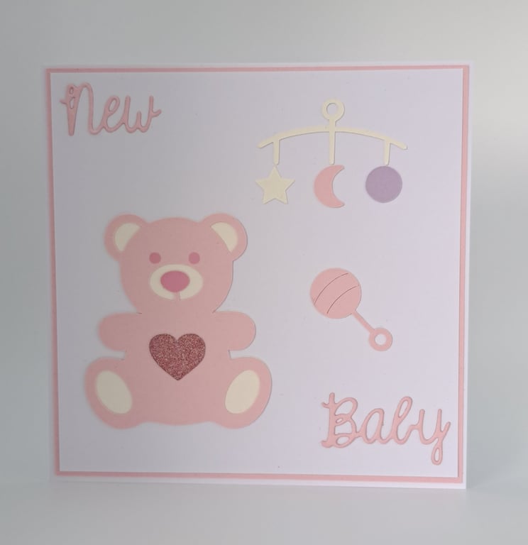Handmade New Baby Card – Pink Teddy Bear - 5 x 5 Inch Square