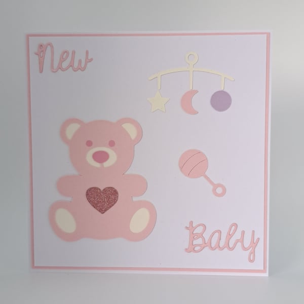 Handmade New Baby Card – Pink Teddy Bear - 5 x 5 Inch Square