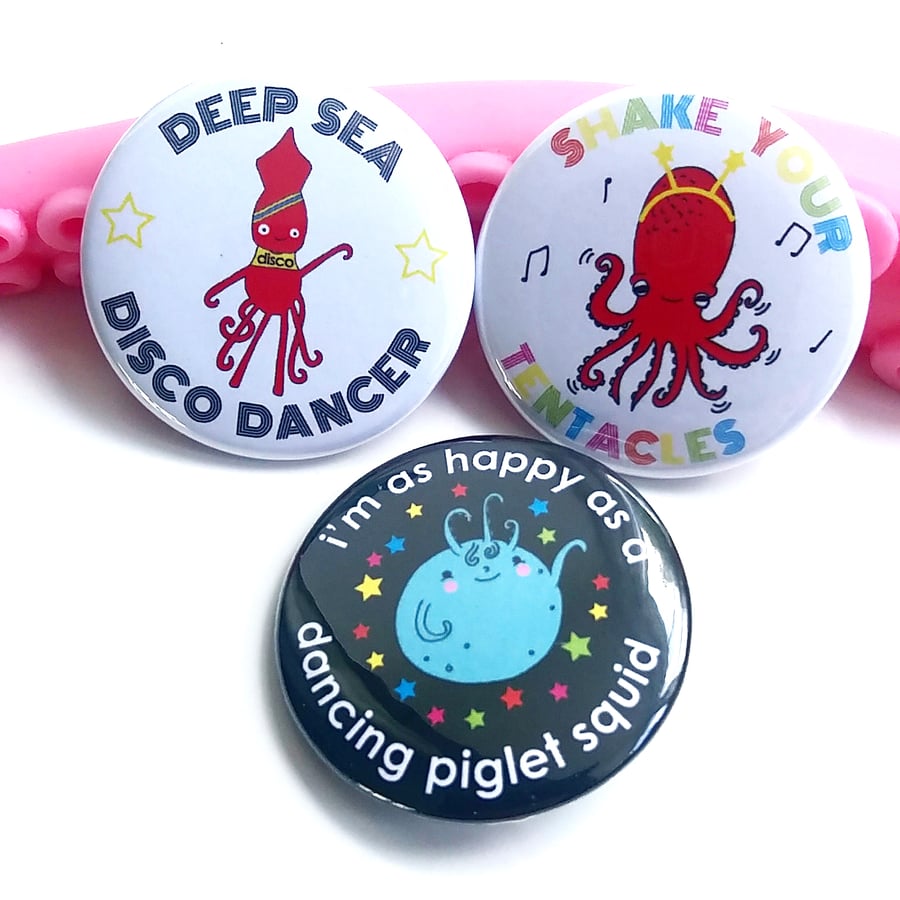 badge set - disco sea creatures - 38mm badges