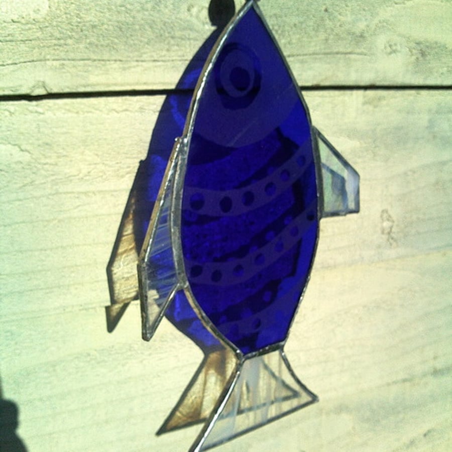 Etched blue and white Stained Glass Fish Window Decoration 