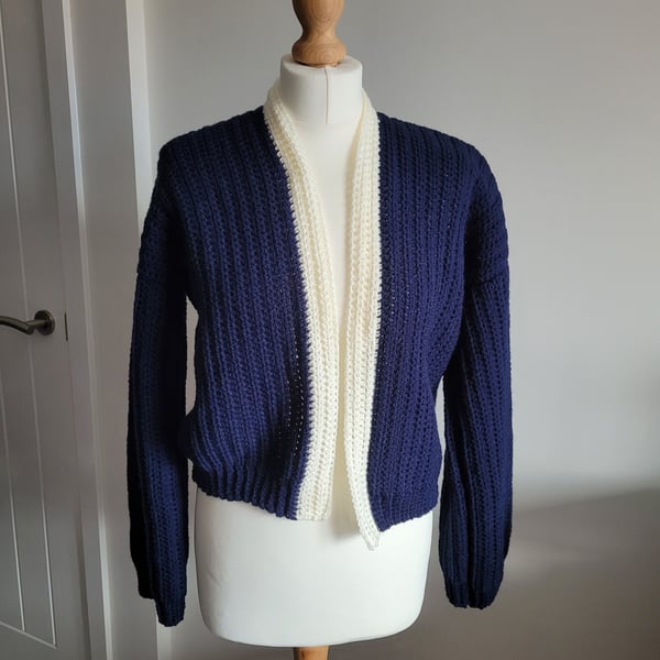 Mena navy and cream cropped cardigan - UK size medium