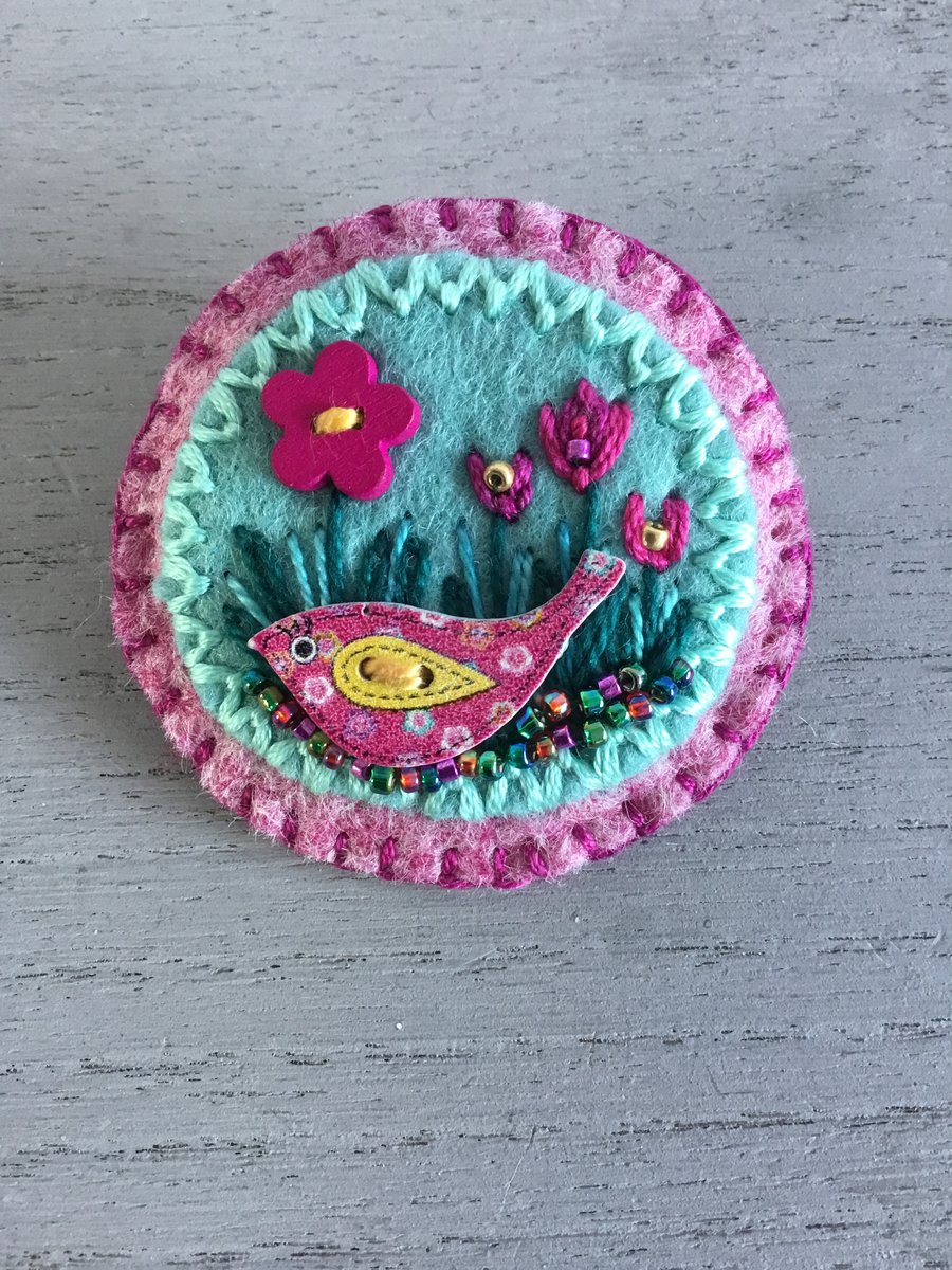 Hand Embroidered Meadow Bird Brooch 