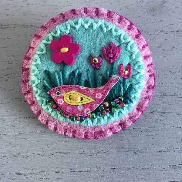 Hand Embroidered Meadow Bird Brooch 
