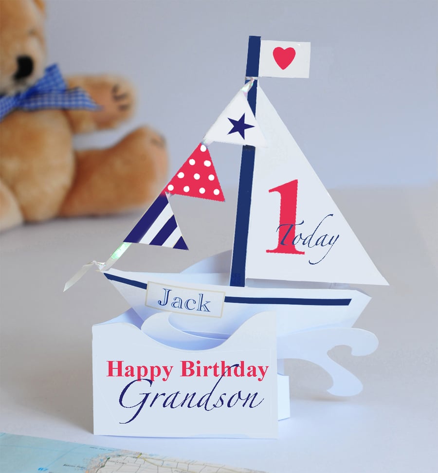 Larger size Personalised Pop-up Sailing Boat card for a Boy's 1st Birthday.
