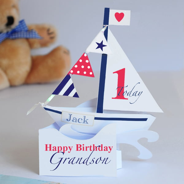 Larger size Personalised Pop-up Sailing Boat card for a Boy's 1st Birthday.