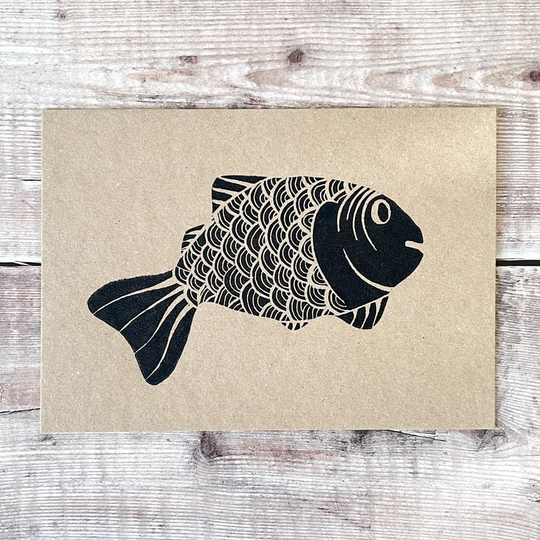 Fish Lino Print on an Eco Friendly Greetings Card