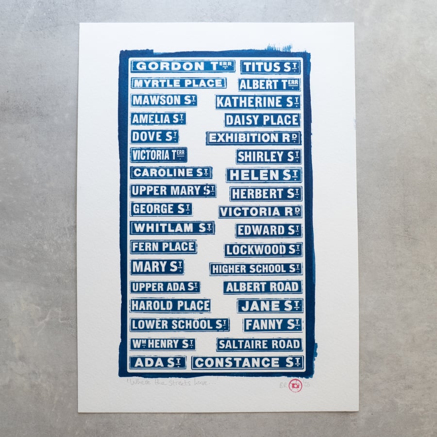 A4 Handmade Cyanotype Print - Saltaire Street Signs
