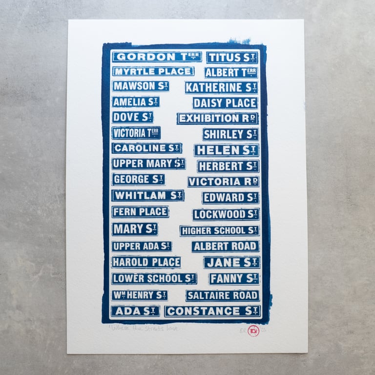 Handmade Cyanotype Print - Saltaire Street Signs