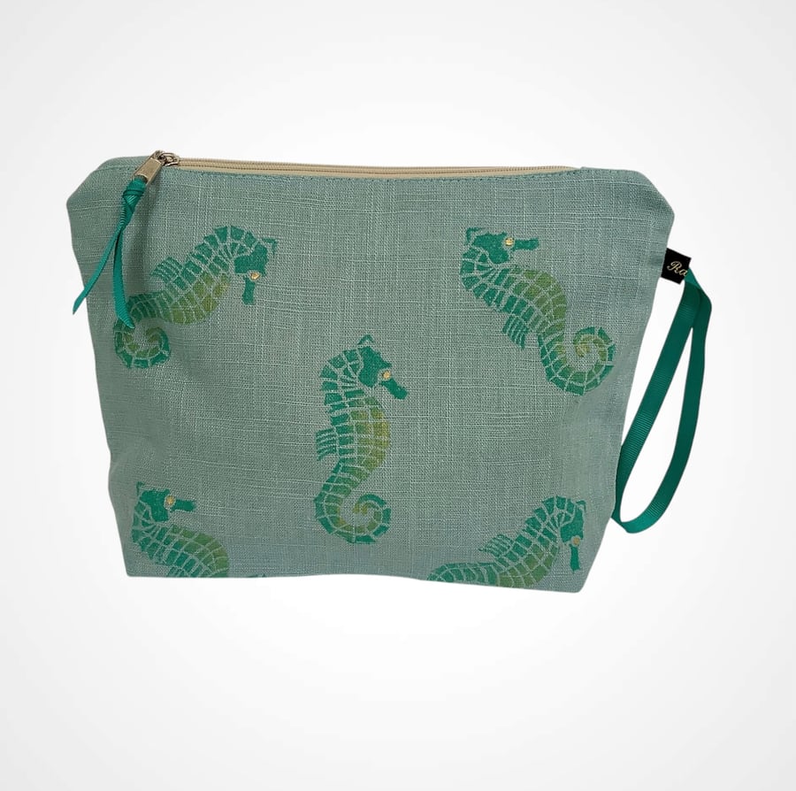 Mint Green Seahorses Linen Makeup Bag