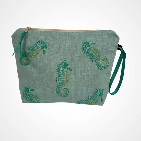 Mint Green Seahorses Linen Makeup Bag