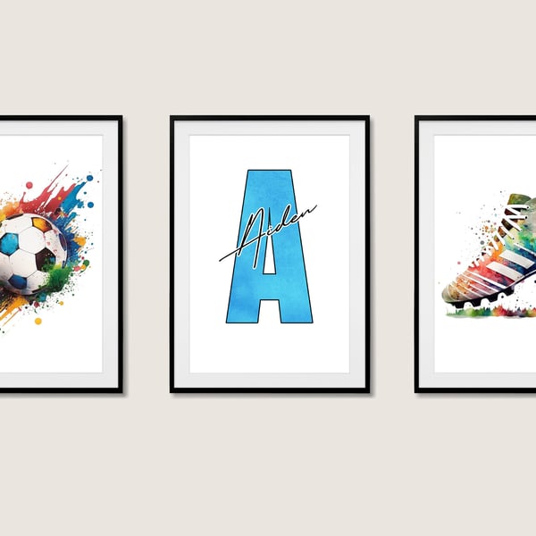 Personalized Football 3 x Prints Set Vibrant Watercolor Soccer Art Child's Initi
