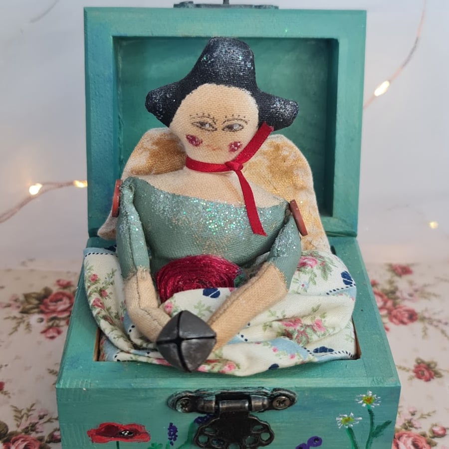 Handmade pop up angel in a box soft sculpture textile art