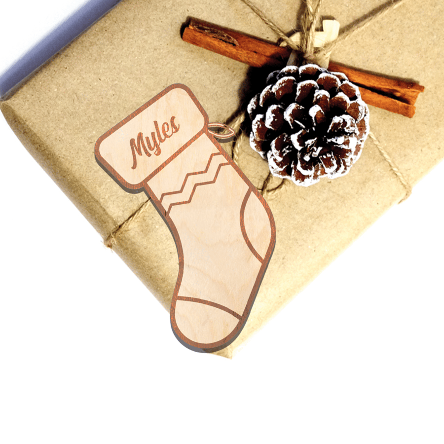 Christmas Stocking Personalised Name Gift Tag Label Custom Wooden Christmas Gift