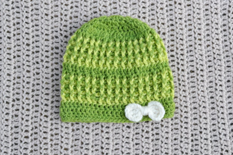 Girls Toddler Crochet Beanie Bow Hat Meadow Green 6 - 9 months