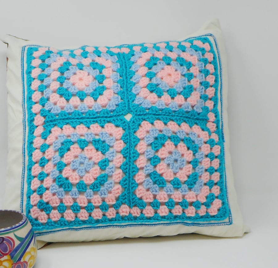 Crochet Granny Square cushion cover with floral back - Country Garden