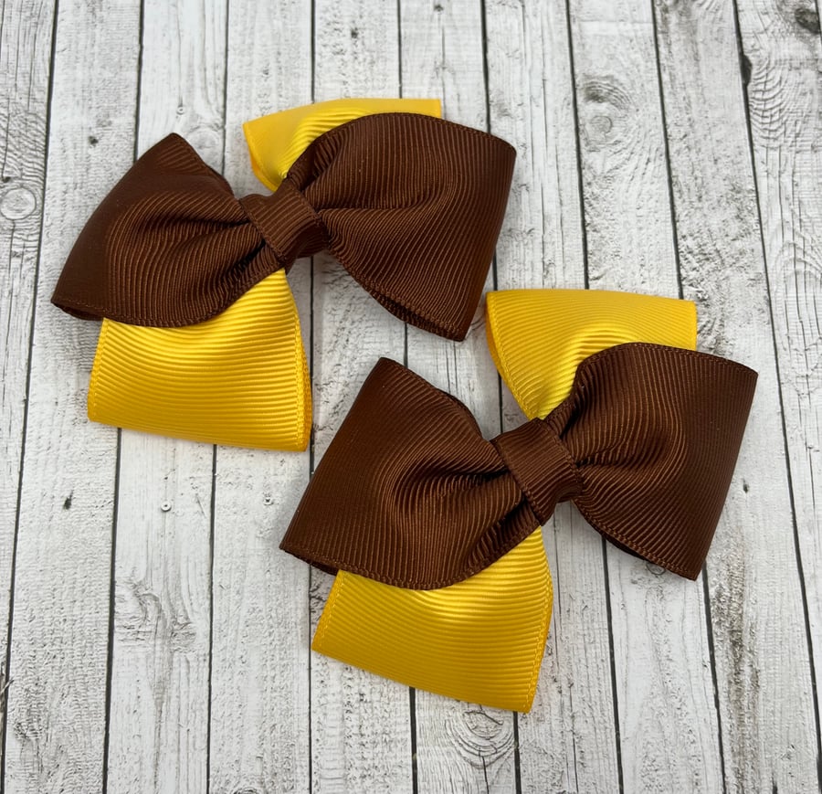 Brown and Yellow Gold Diagonal Double with Bows on Clips (pair)