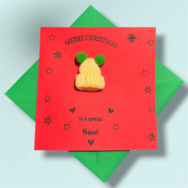 Fun Christmas card for a special friend cute Pom Pom bobble hat. Kids or adults 