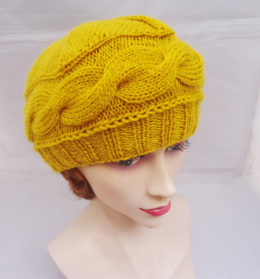 Hand Knit Women's Beret, Cable Women's Hat, Women's Hat in Yellow