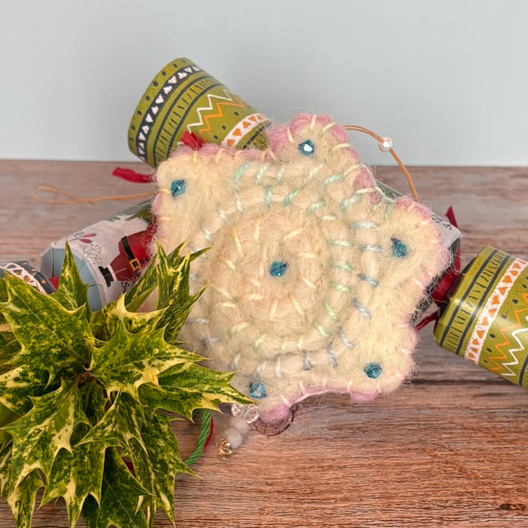 Felted Snowflake - Aquamarine and White Crystals