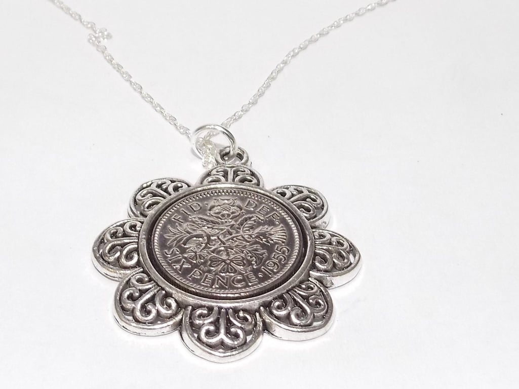 Floral Pendant 1955 Lucky sixpence 70th Birthday plus a Sterling Silver 18in Cha