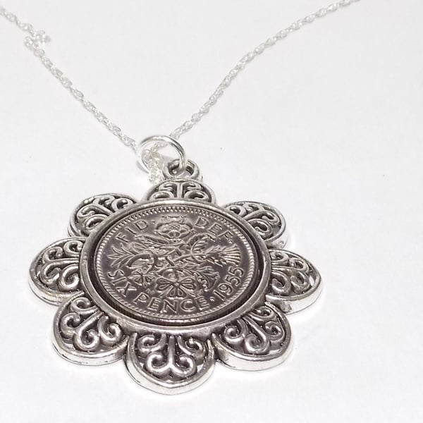 Floral Pendant 1955 Lucky sixpence 70th Birthday plus a Sterling Silver 18in Cha
