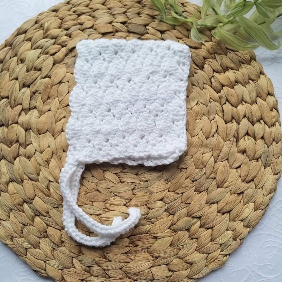 Crochet White Cotton Baby Bonnet, Hat Age 3 Months