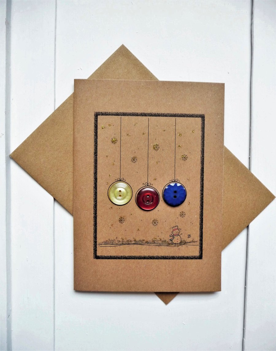 Vintage button Christmas baubles and snowman design greeting card
