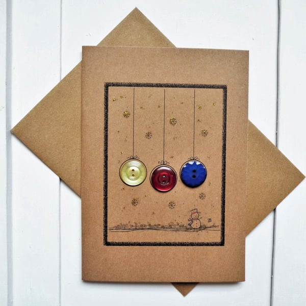 Vintage button Christmas baubles and snowman design greeting card