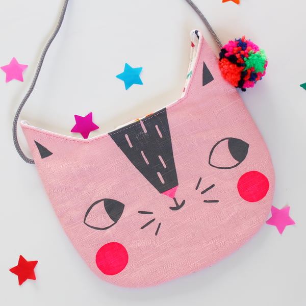 Screen printed cat bag - Pink