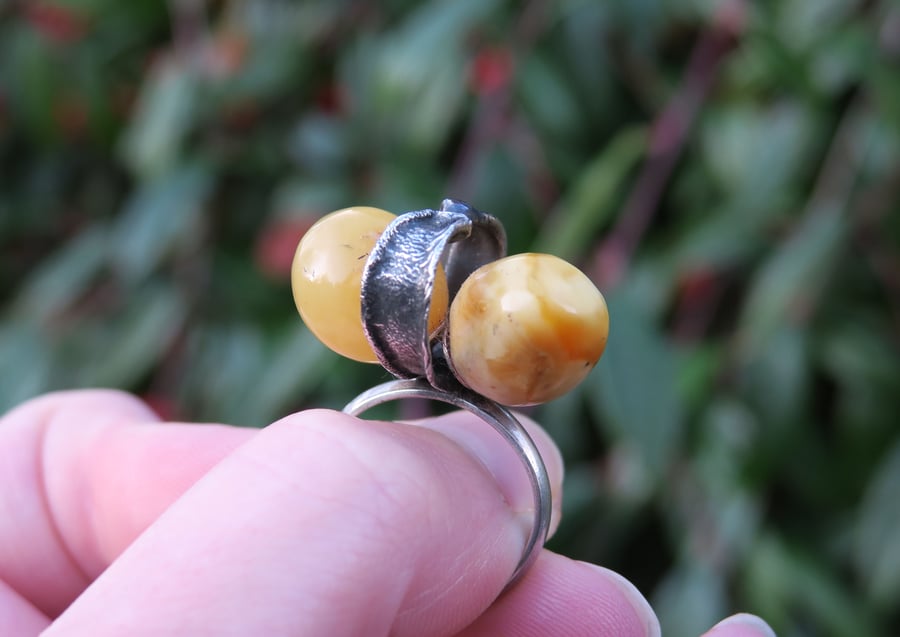 Statement Amber Ring, Raw Silver Jewellery, Adjustable Sterling Silver Ring