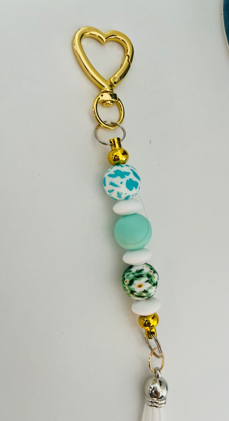 Mint and daisy  pastel toned  keyring  or purse charm 
