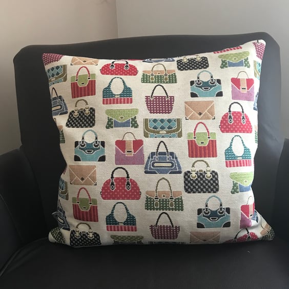 Cushion cover with feather pad in Luxury Hand Bag tapestry Fabric made in uk