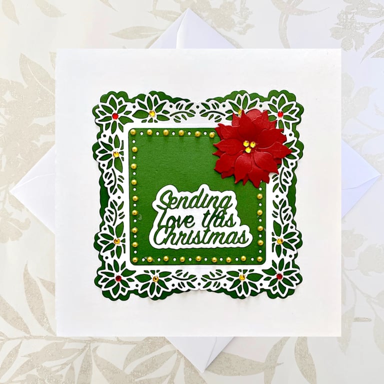 Handmade Christmas poinsettia card - large size, faux rubies, topaz, pearls 