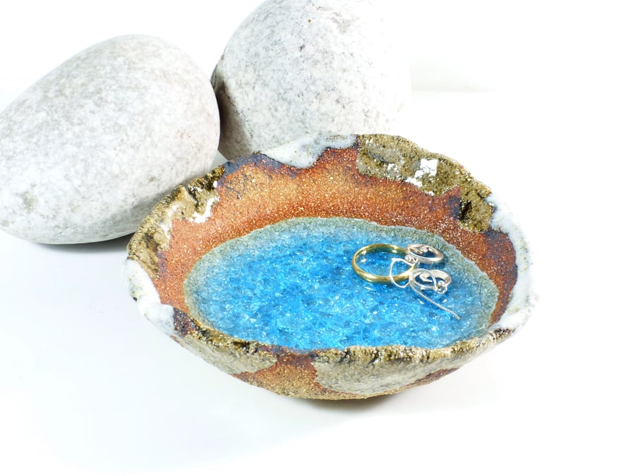  11cm AQUA BLUE glass pool - Ceramic pottery Ring dish. UK Wedding Jewellery
