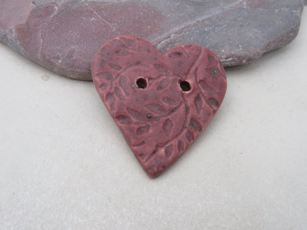 Medium Damson Purple Leaf Sprig Texture Heart Shaped Ceramic Button