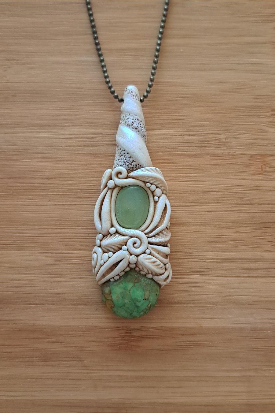 Polymer Clay Crystal Amulet Pendant with Green Mottled Jasper and Chalcedony