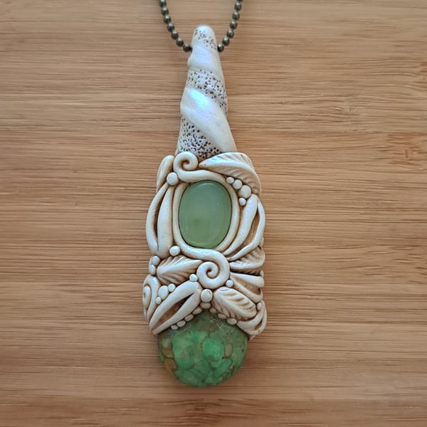 Polymer Clay Crystal Amulet Pendant with Green Mottled Jasper and Chalcedony