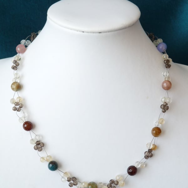 Multi Coloured Agate & Citrine Necklace - Sterling Silver - Handmade 