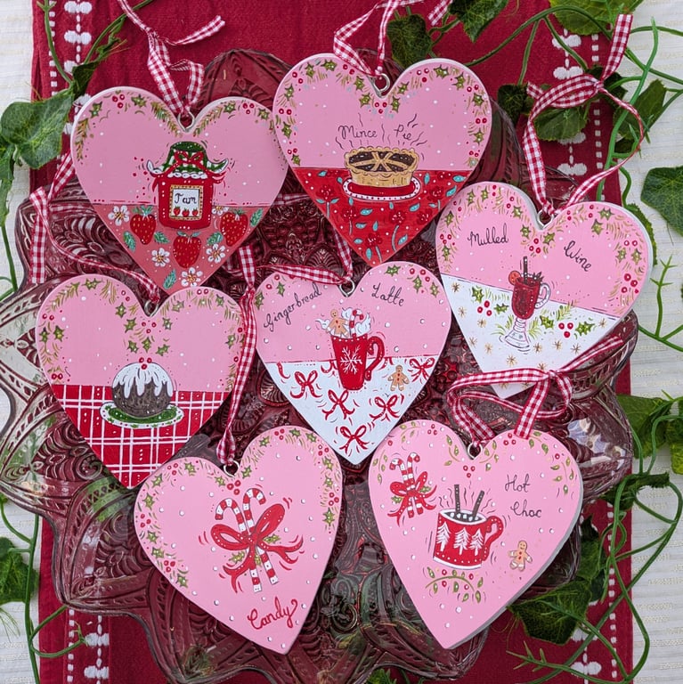 Hand-painted Pink Christmas Food and Drink Hearts 10cm