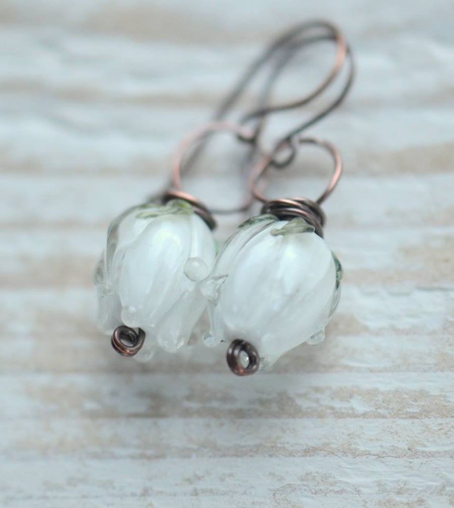 White Lampwork Glass Flower Bud Copper Earrings