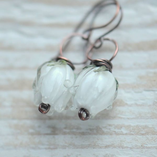 White Lampwork Glass Flower Bud Copper Earrings