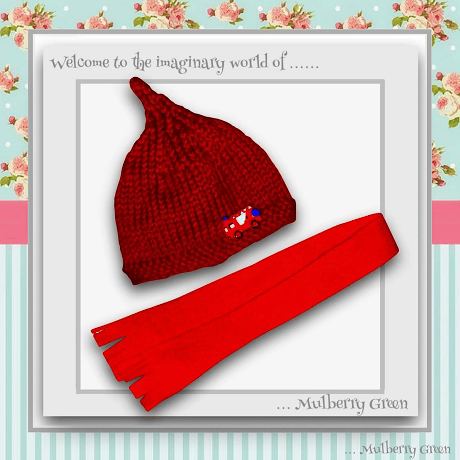 Little Red Fire Engine Hat and Scarf Set